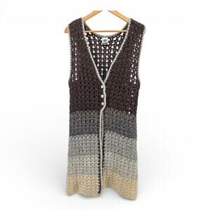 Vintage 70s Ice Style Longline Chunky Crochet Wool Vest Size Medium Boho Ireland